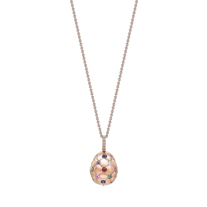 Fabergé Treillage Brushed 18ct Rose Gold Multicolour Gemstotne Set Egg Pendant - Michael Jones Jeweller