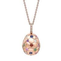 Fabergé Treillage Brushed 18ct Rose Gold Multicolour Gemstotne Set Egg Pendant - Michael Jones Jeweller