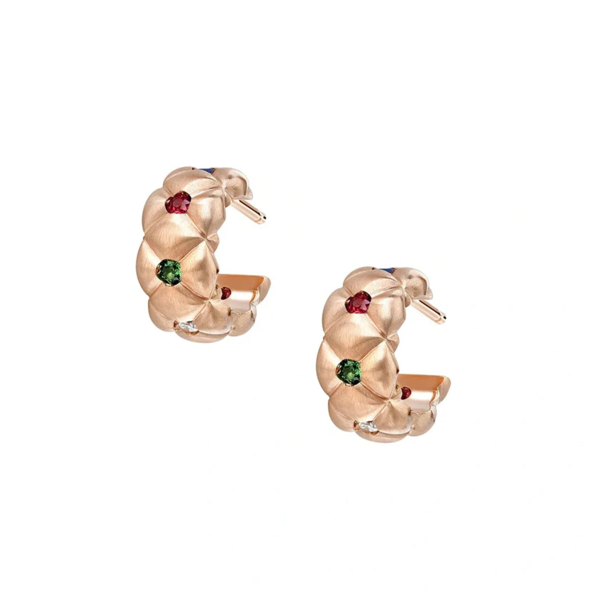Fabergé Treillage Brushed 18ct Rose Gold Multicoloured Gemstones Set Hoop Earrings - Michael Jones Jeweller