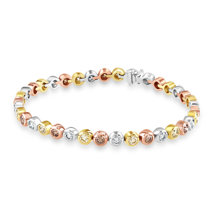 Fancy Yellow, White and Cognac Diamond 18ct Yellow, White and Rose Gold Line Bracelet