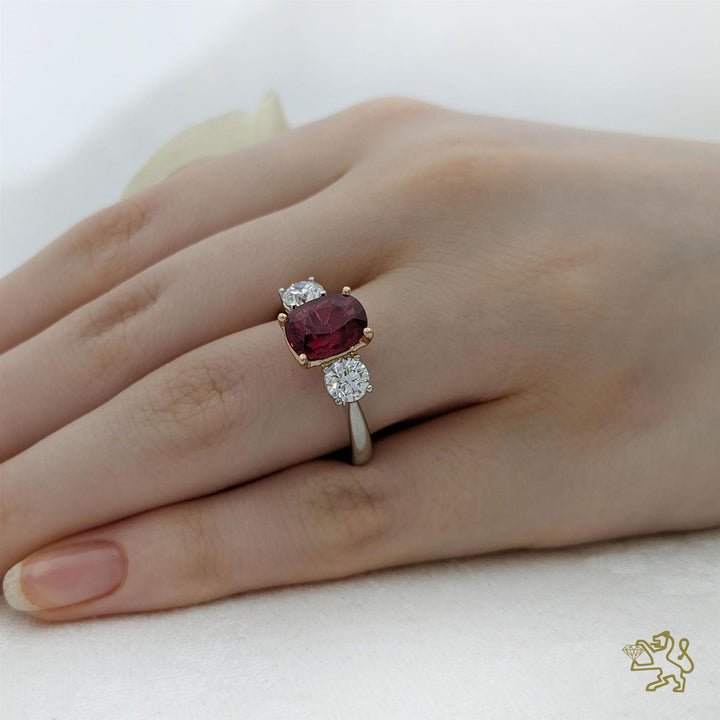 Florentina Cushion Three Stone 2.00ct Ruby Platinum Ring - Michael Jones Jeweller