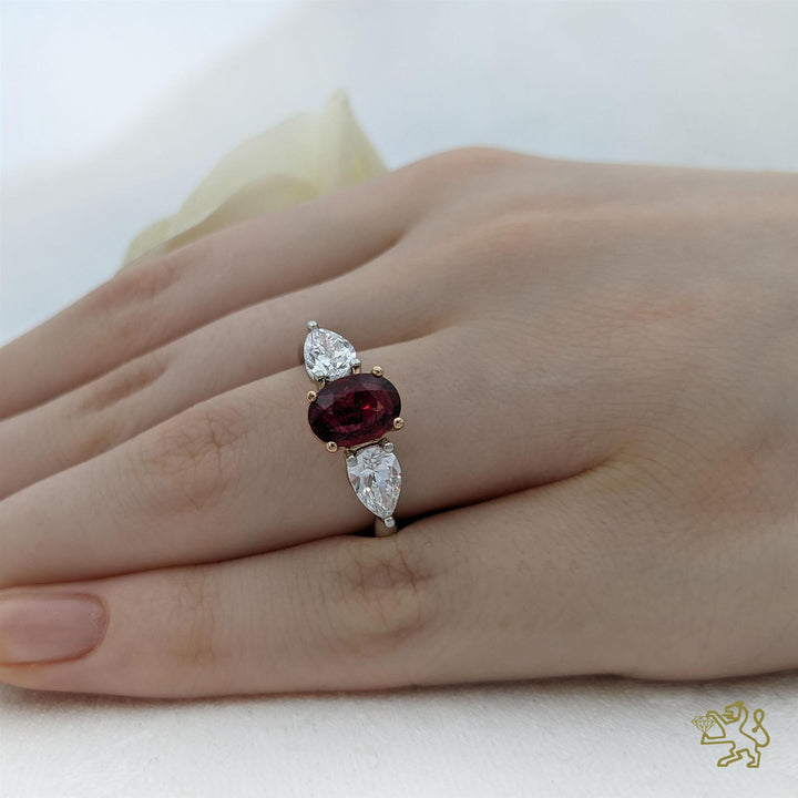 Florentine Oval Three Stone 1.62ct Ruby Platinum/Rose Gold Ring