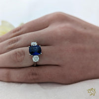 Florentina Cushion Three Stone 4.12ct Sapphire Platinum Ring