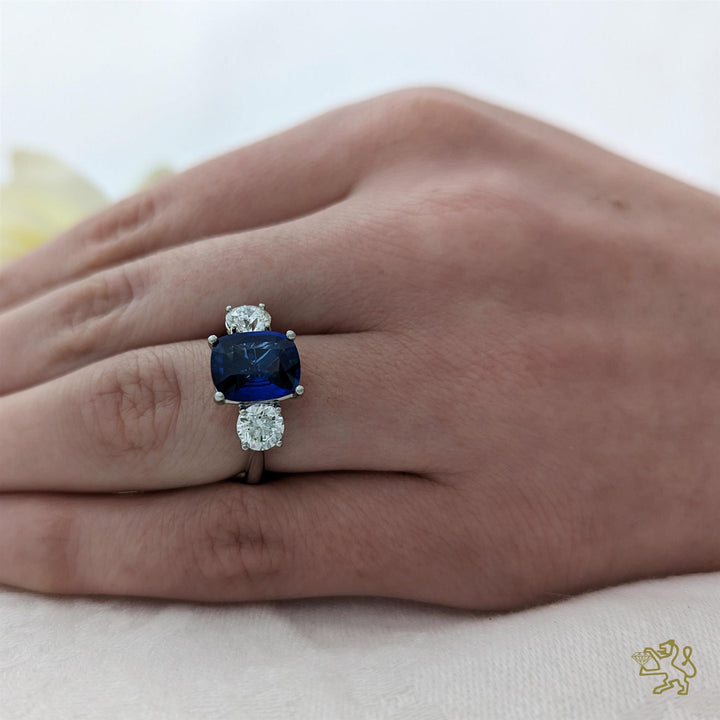 Florentina Cushion Three Stone 4.12ct Sapphire Platinum Ring