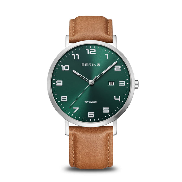 Bering 40mm Titanium Leather Strap Quartz Watch 18640-568