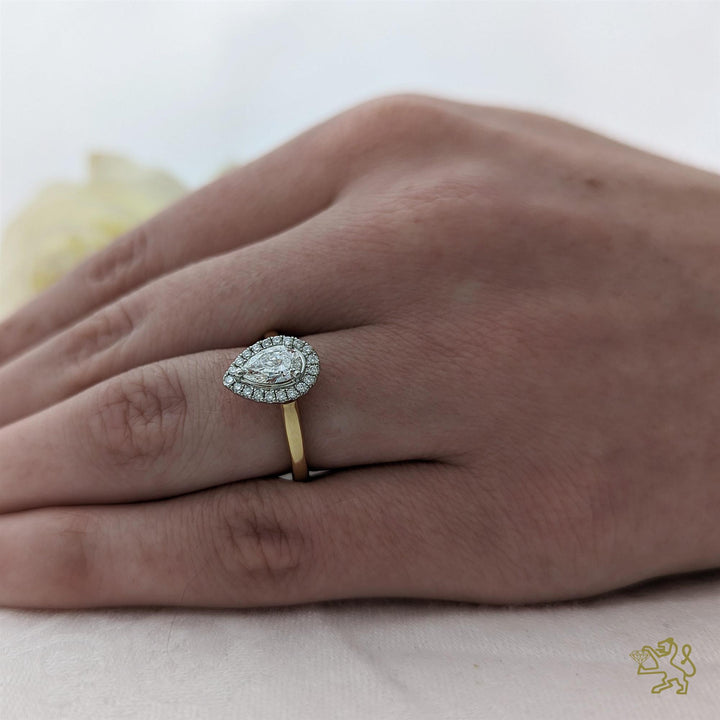 Skye Pure Pear Halo 0.60ct G SI1 Diamond Yellow Gold/Platinum Ring