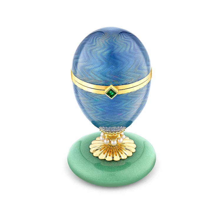 Fabergé Heritage Limited Edition 18ct Yellow Gold Blue Guilloché Enamel Egg Objet with Water Lily Surprise