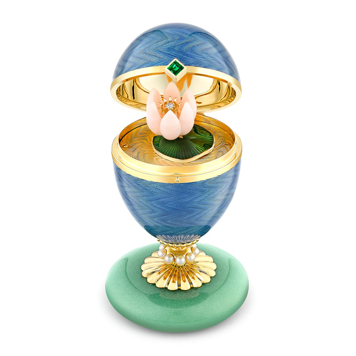 Fabergé Heritage Limited Edition 18ct Yellow Gold Blue Guilloché Enamel Egg Objet with Water Lily Surprise