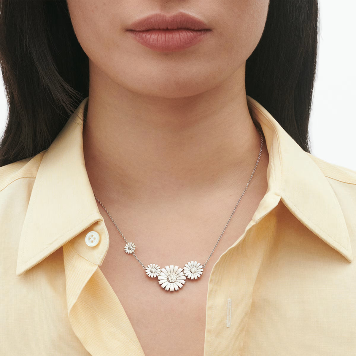 Georg Jensen DAISY Sterling Silver White Enamel Four Flower Necklace