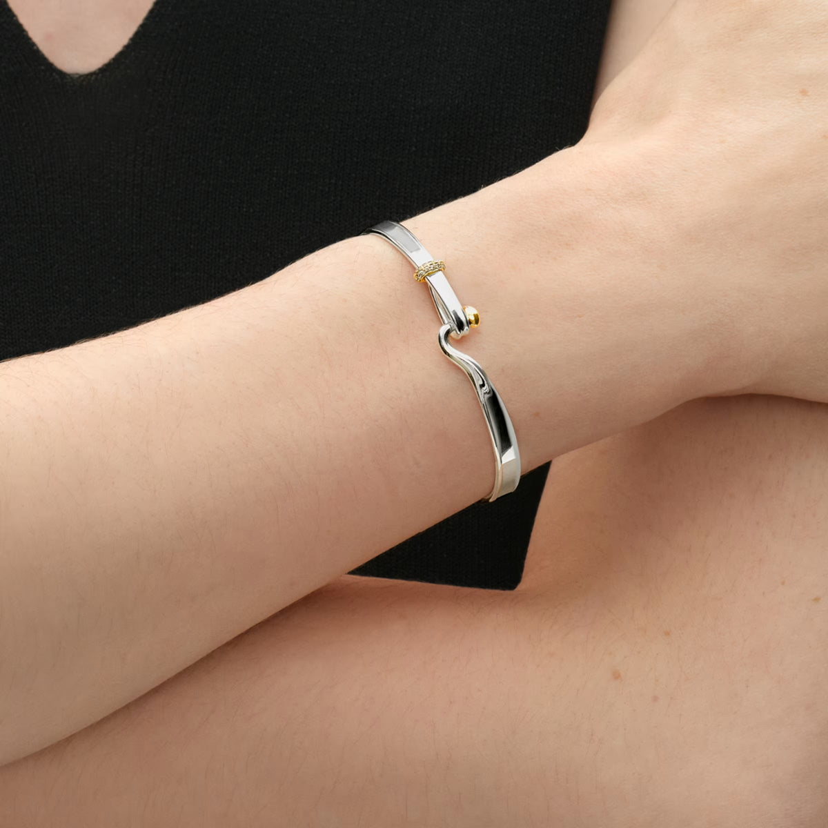 Georg Jensen Torun Sterling Silver and 18ct Yellow Gold Champagne Diamond Set Bangle
