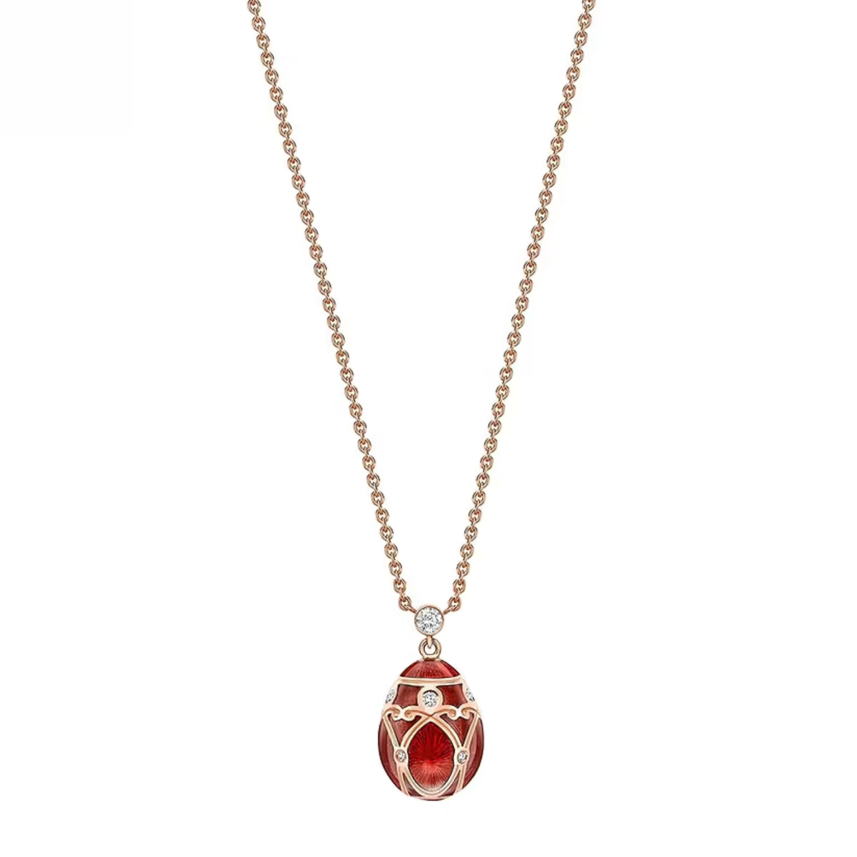 Fabergé Heritage Forever Palais Mini Egg Pendant 18ct Rose Gold Red Guilloché Enamel - Michael Jones Jeweller