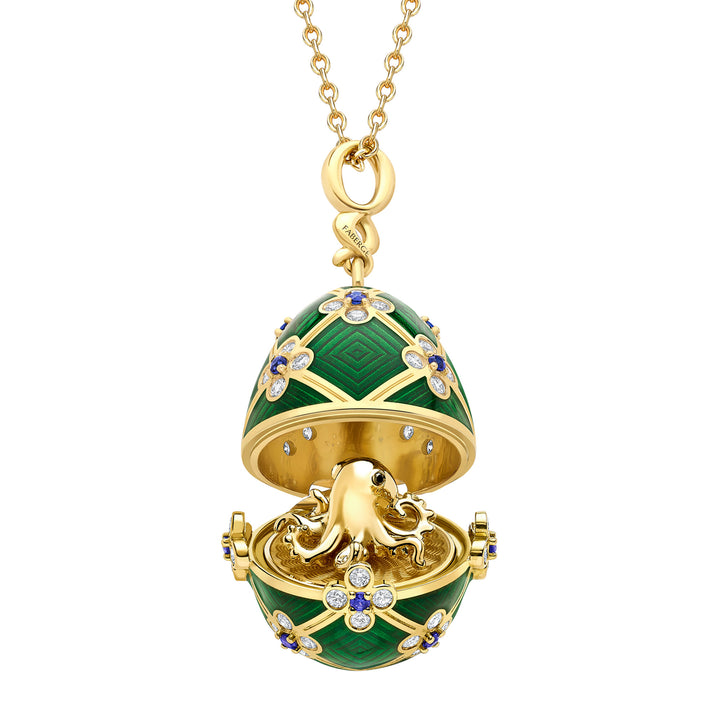 Fabergé x 007 Special Edition Yellow Gold & Green Guilloché Enamel Octopussy Egg Surprise Locket - Michael Jones Jeweller