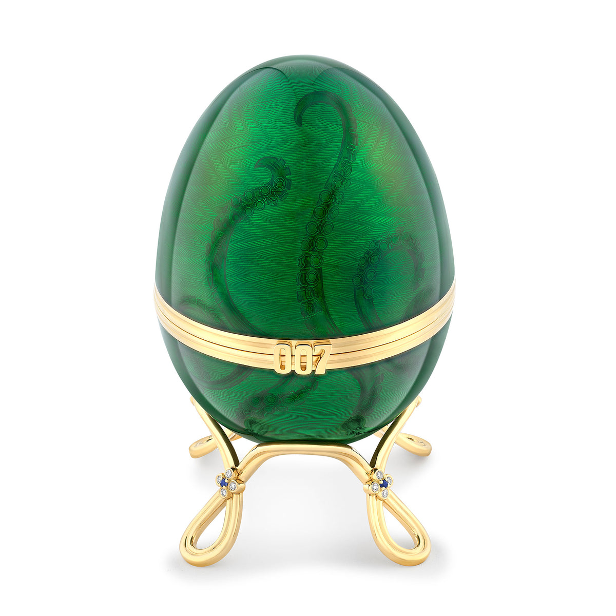Fabergé x 007 Limited Edition Yellow Gold & Green Guilloché Enamel Octopussy Egg Objet - Michael Jones Jeweller