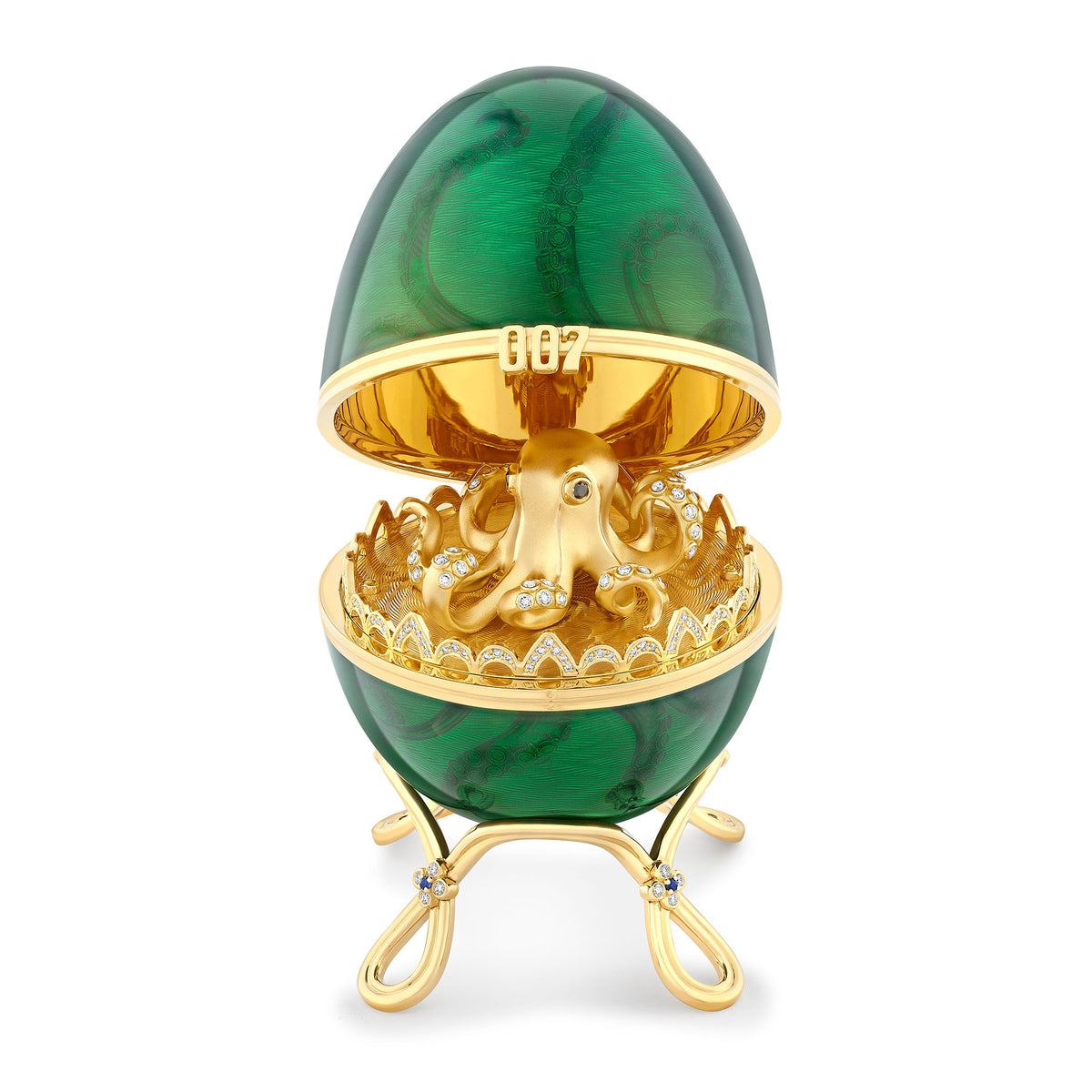 Fabergé x 007 Limited Edition Yellow Gold & Green Guilloché Enamel Octopussy Egg Objet - Michael Jones Jeweller