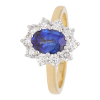 Blue Sapphire and Diamond 18ct Yellow Gold Oval Cluster Ring