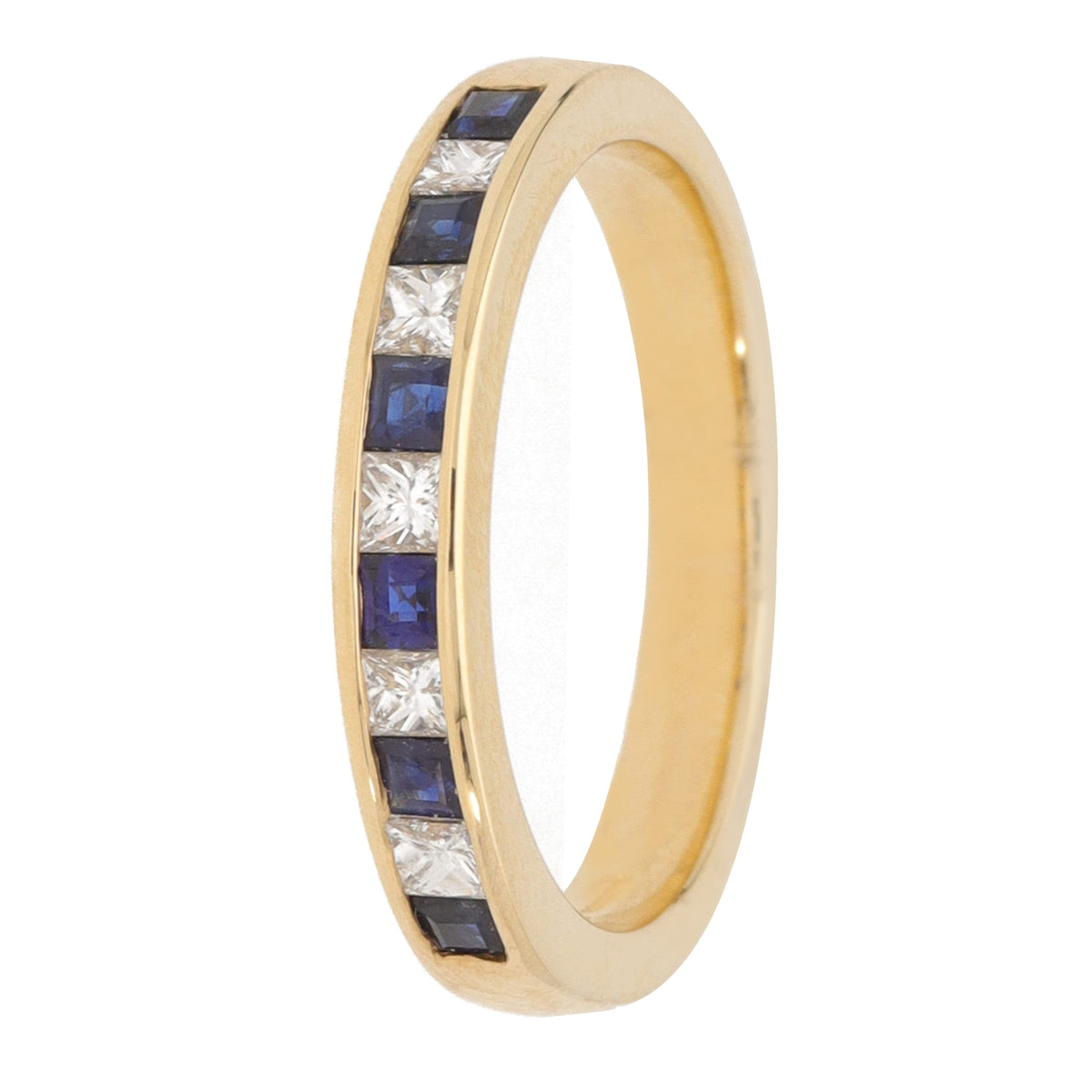 Sapphire and Diamond 18ct Yellow Gold Princess Channel Set Half Eternity Ring - Michael Jones Jeweller