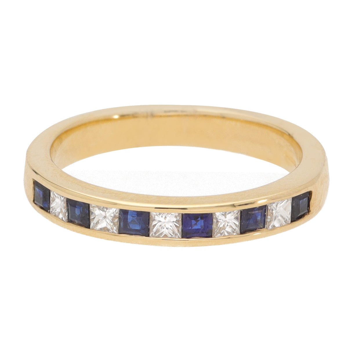 Sapphire and Diamond 18ct Yellow Gold Princess Channel Set Half Eternity Ring - Michael Jones Jeweller