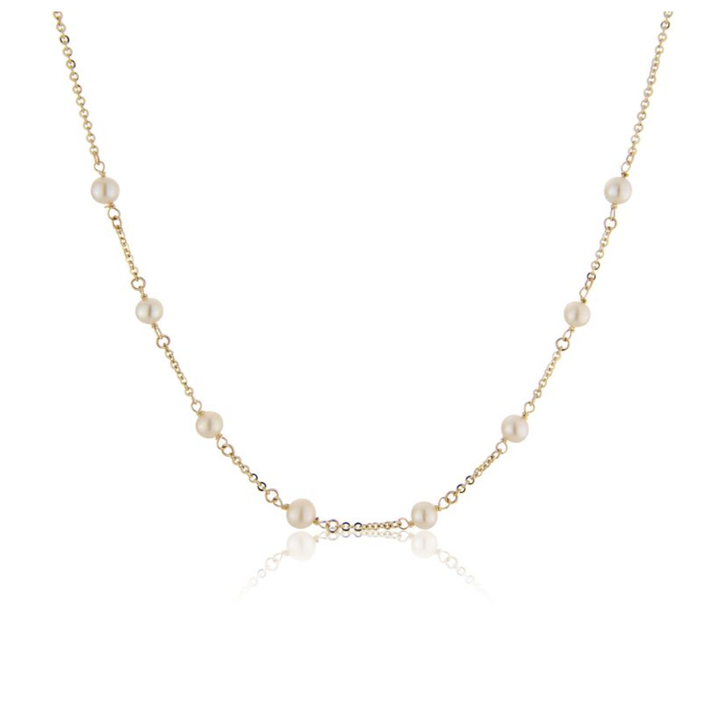 Cultured Pearl Station Link 9ct Yellow Gold Necklace