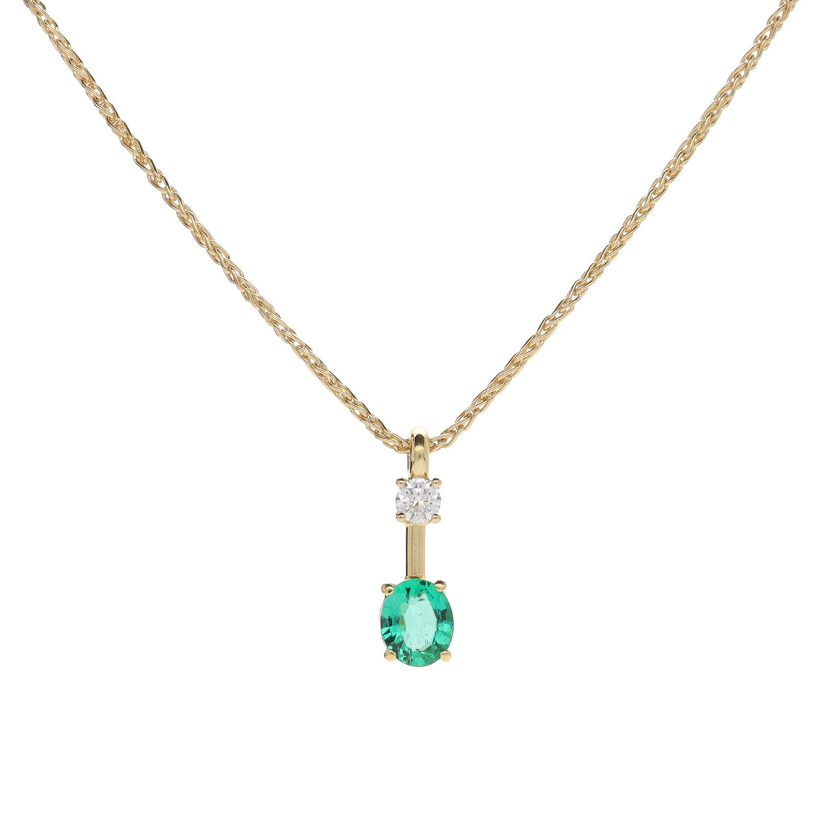Emerald and Diamond 18ct Yellow Gold Oval Drop Necklace - Michael Jones Jeweller