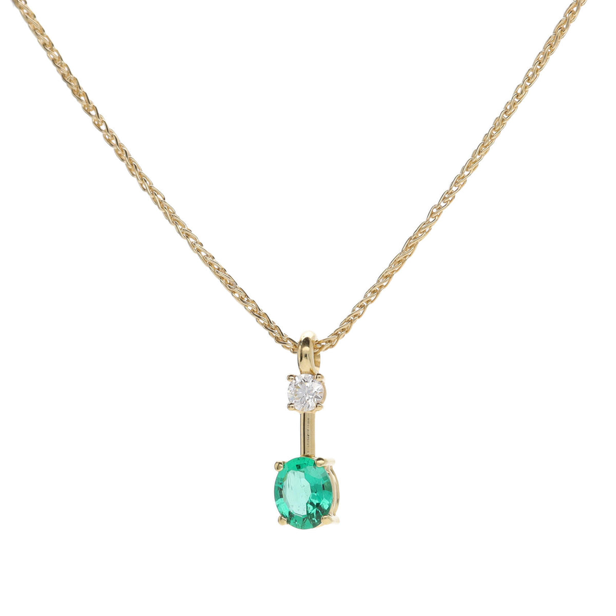 Emerald and Diamond 18ct Yellow Gold Oval Drop Necklace - Michael Jones Jeweller