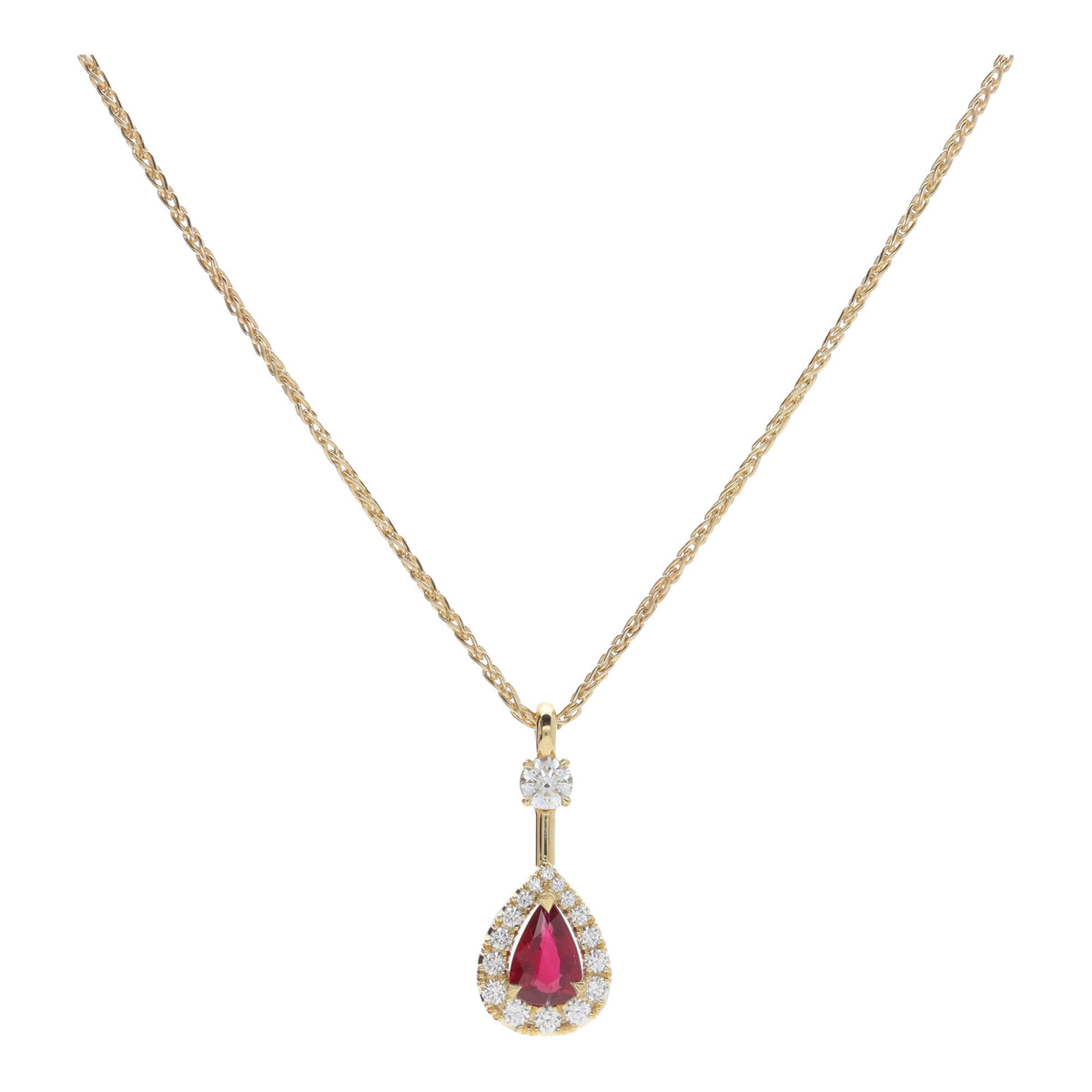 Ruby and Diamond 18ct Yellow Gold Pear Drop Cluster Necklace - Michael Jones Jeweller