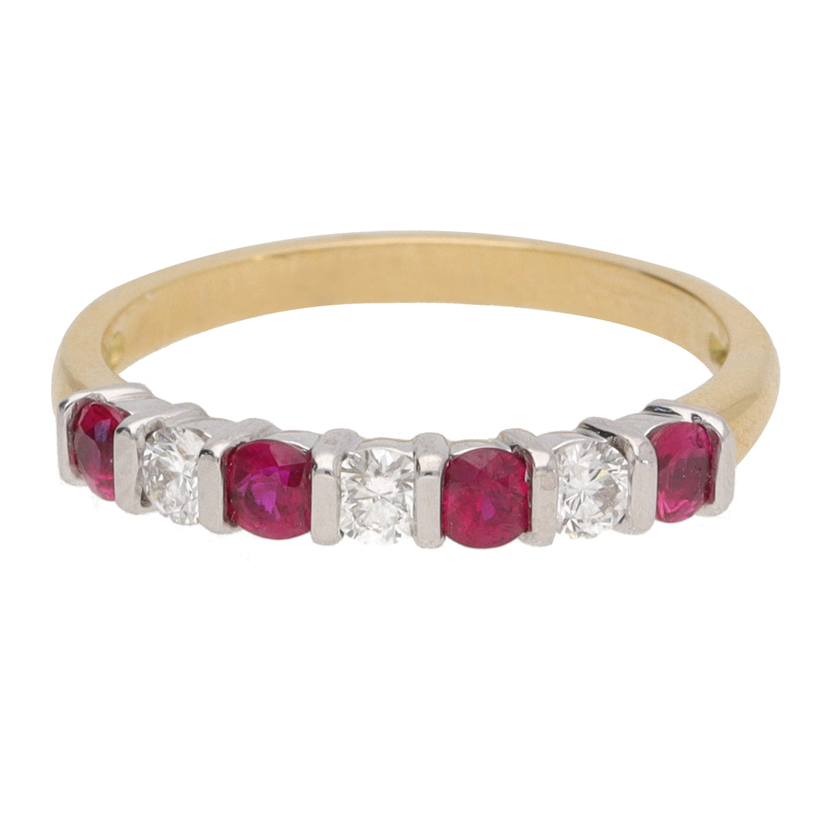 Ruby and Diamond Bar Set 18ct Yellow Gold Half Eternity Ring - Michael Jones Jeweller