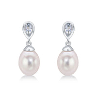 Aquamarine and Pearl 9ct White Gold Drop Earrings - Michael Jones Jeweller