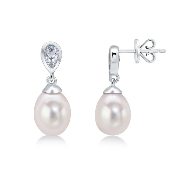 Aquamarine and Pearl 9ct White Gold Drop Earrings