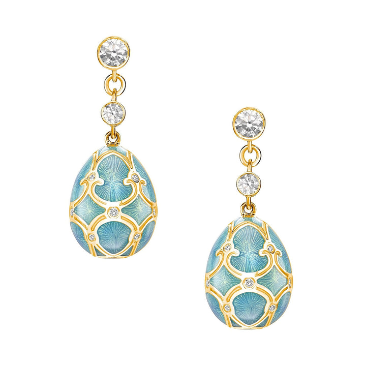 Fabergé Heritage Yellow Gold Diamond & Turquoise Guilloché Enamel Egg Drop Earrings