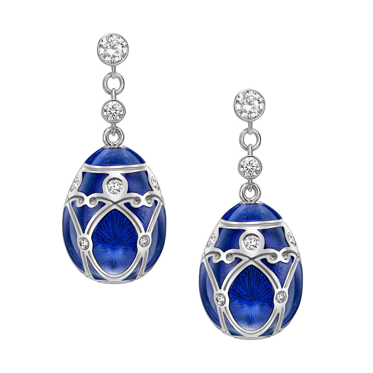 Fabergé Heritage Forever Palais Egg Drop Earrings 18ct White Gold Royal Blue Guilloché Enamel - Michael Jones Jeweller