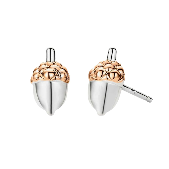 Sterling Silver & Rose Gold Royal Oak Leaf Acorn Stud Earrings
