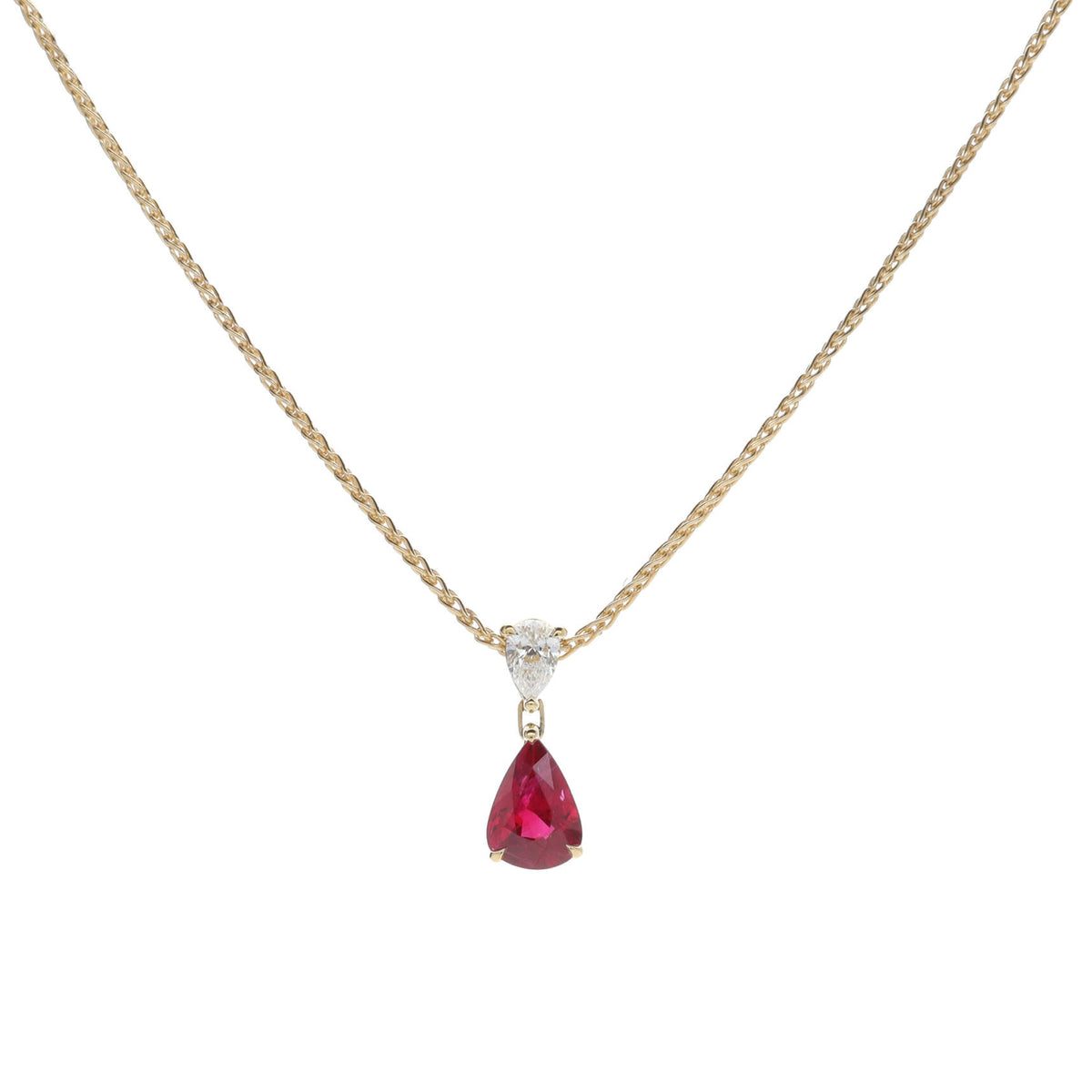 Ruby and Diamond 18ct Yellow Gold Pear Drop Necklace - Michael Jones Jeweller