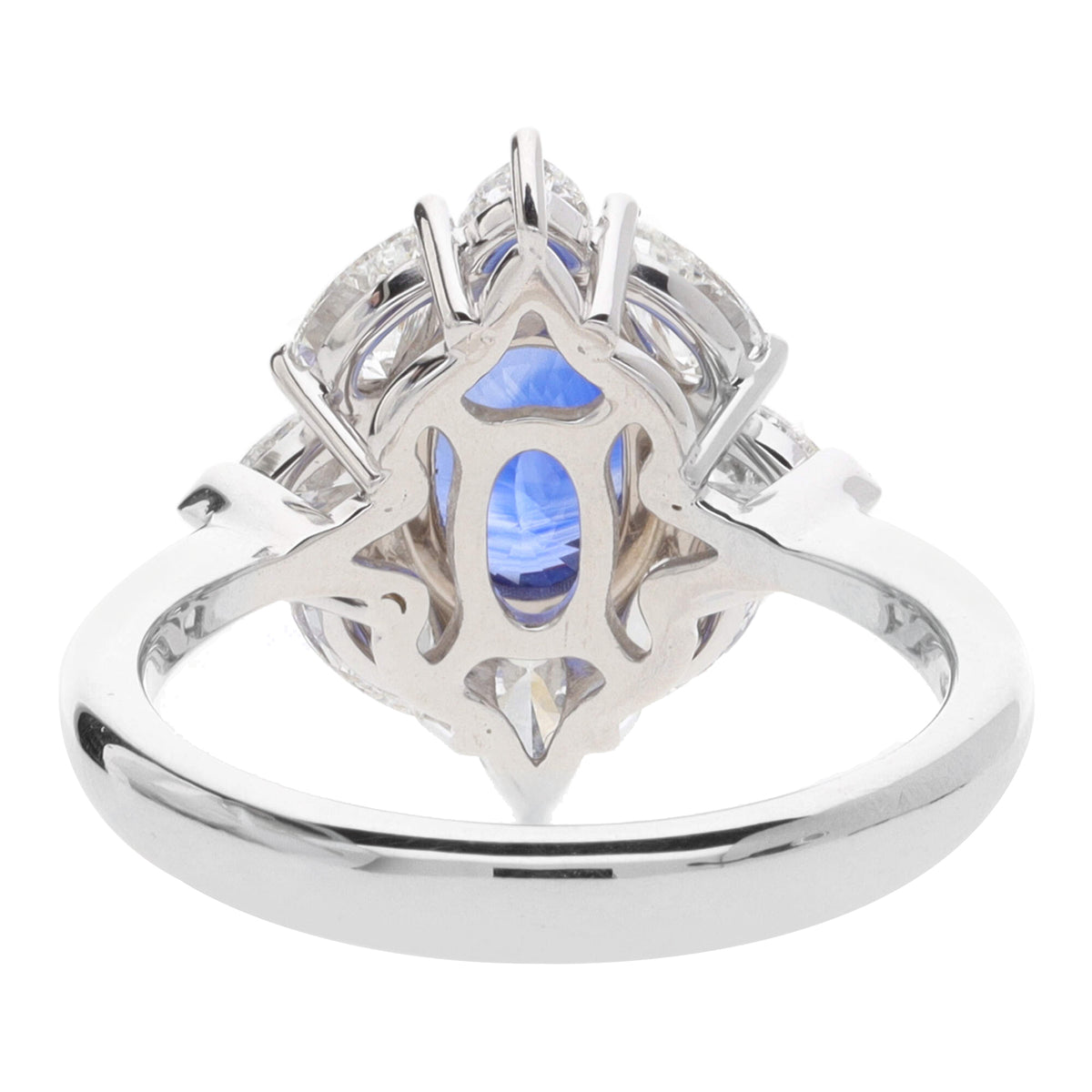 Blue Sapphire and Pear Cut Diamond 18ct White Gold Oval Cluster Ring - Michael Jones Jeweller