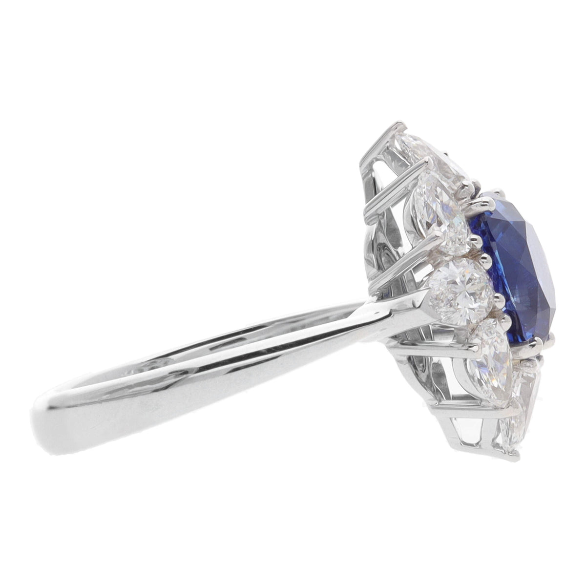 Blue Sapphire and Pear Cut Diamond 18ct White Gold Oval Cluster Ring - Michael Jones Jeweller