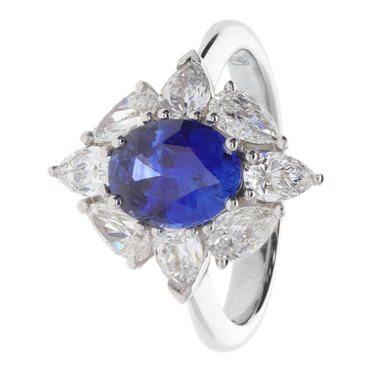 Blue Sapphire and Pear Cut Diamond 18ct White Gold Oval Cluster Ring - Michael Jones Jeweller
