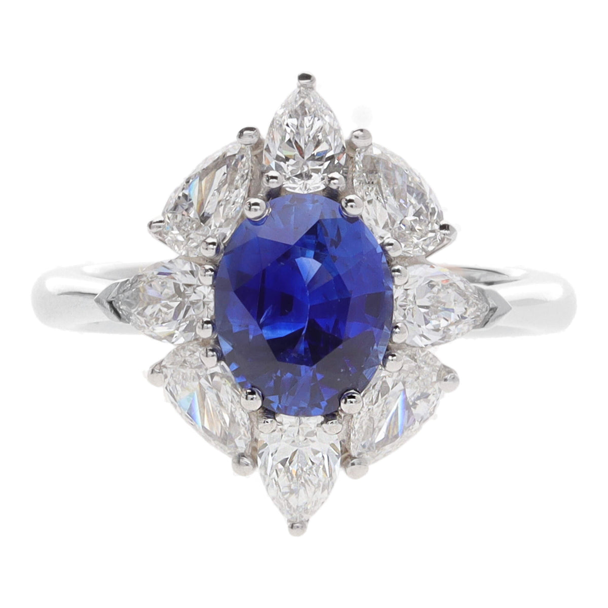 Blue Sapphire and Pear Cut Diamond 18ct White Gold Oval Cluster Ring - Michael Jones Jeweller