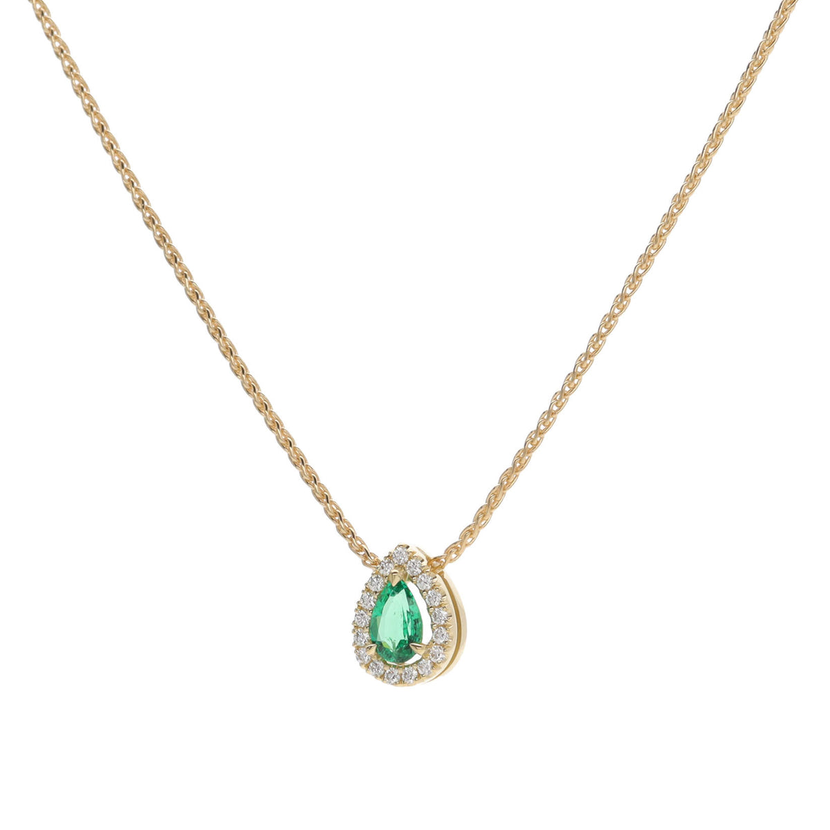 Emerald and Diamond 18ct Yellow Gold Pear Cut Cluster Necklace - Michael Jones Jeweller