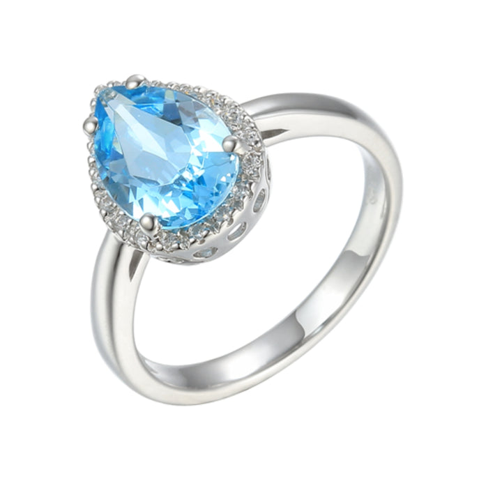 Amore Pear Cut Blue Topaz and CZ Silver Ring (N)
