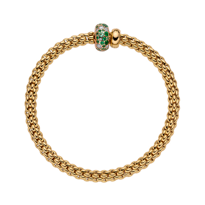 FOPE Flex'it Solo 18ct Yellow Gold Emerald and 0.28ct Diamond Set Bracelet Medium