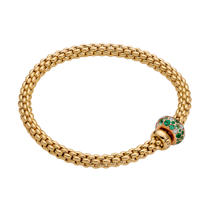 FOPE Flex'it Solo 18ct Yellow Gold Emerald and 0.28ct Diamond Set Bracelet Medium
