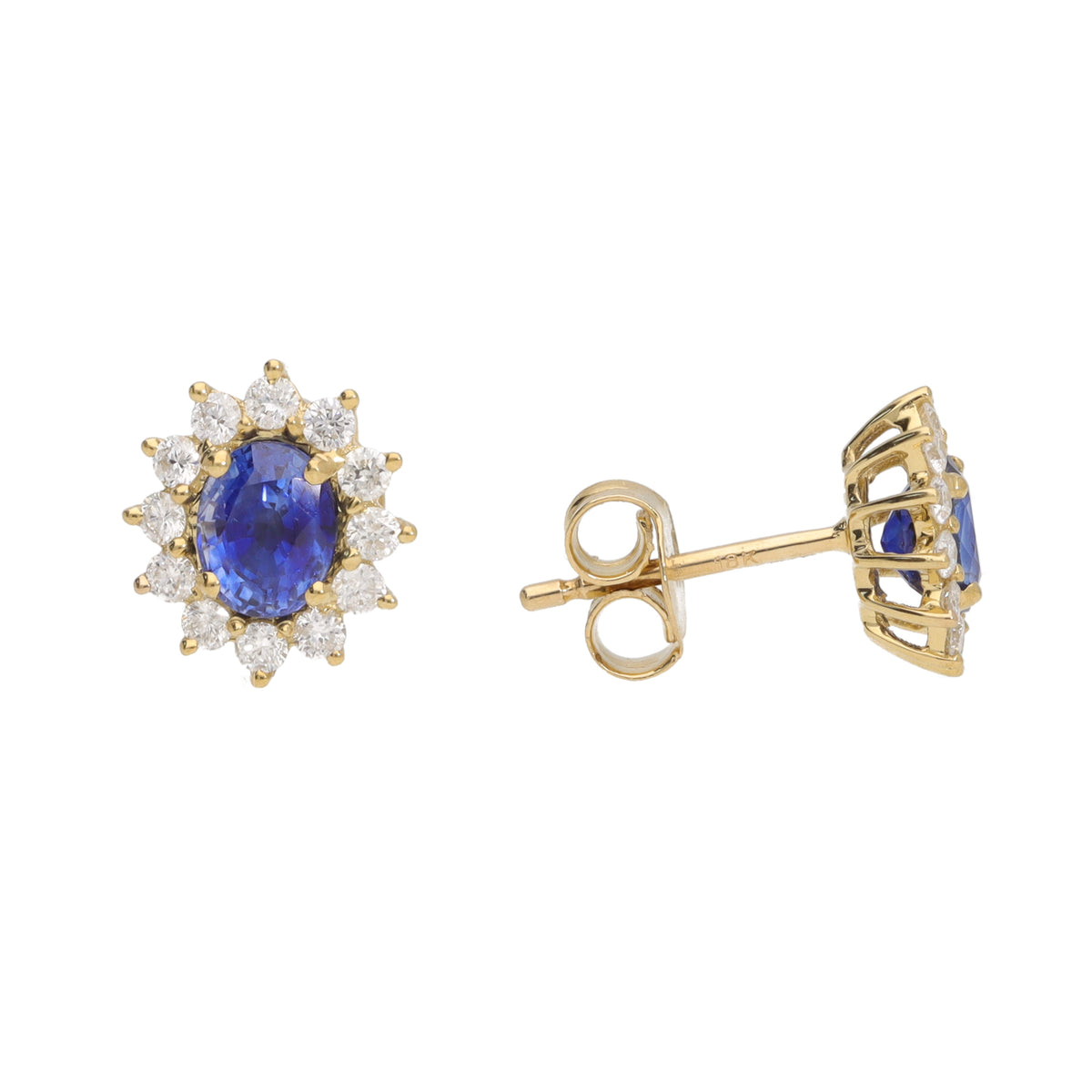 Sapphire and Diamond 18ct Yellow Gold Oval Cluster Stud Earrings - Michael Jones Jeweller