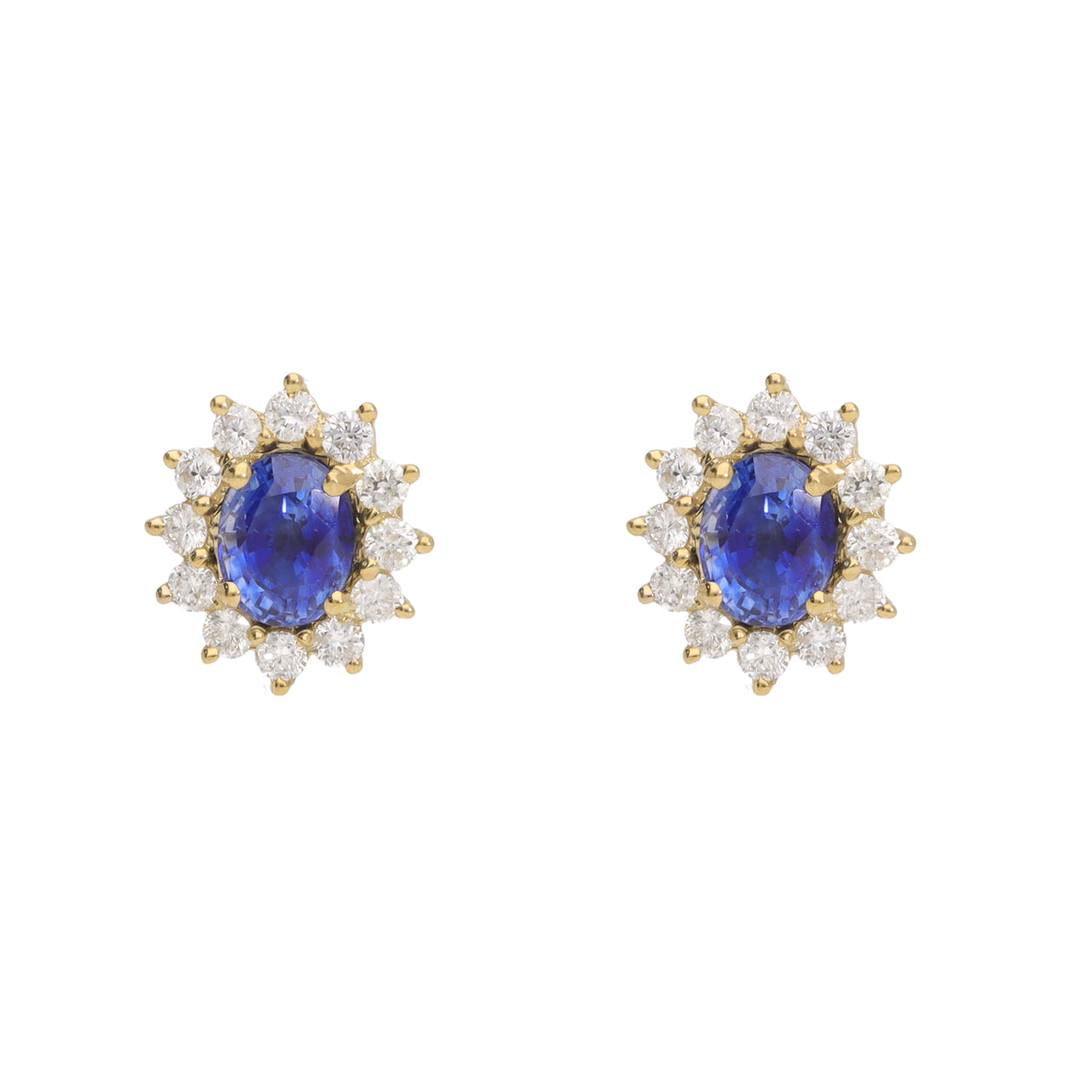 Sapphire and Diamond 18ct Yellow Gold Oval Cluster Stud Earrings - Michael Jones Jeweller
