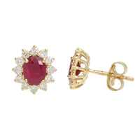 Ruby and Diamond 18ct Yellow Gold Oval Cluster Stud Earrings - Michael Jones Jeweller