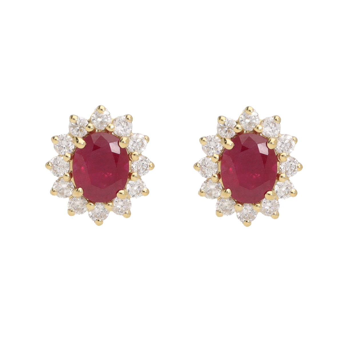 Ruby and Diamond 18ct Yellow Gold Oval Cluster Stud Earrings - Michael Jones Jeweller