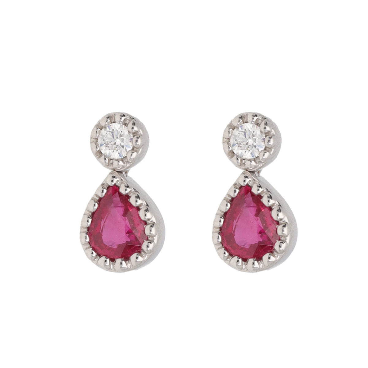 Ruby and Diamond 18ct White Gold Pear Shape Drop Earrings - Michael Jones Jeweller