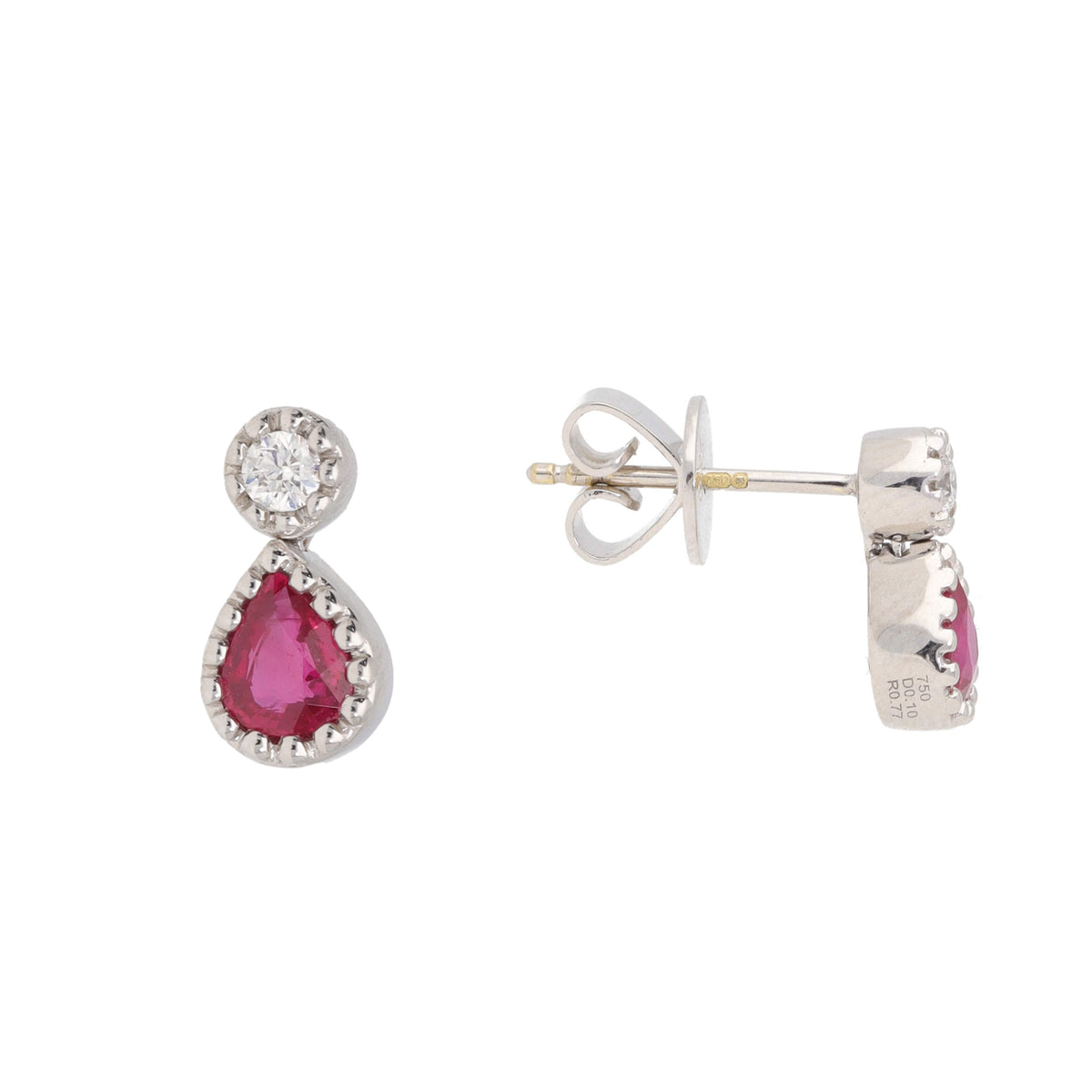 Ruby and Diamond 18ct White Gold Pear Shape Drop Earrings - Michael Jones Jeweller