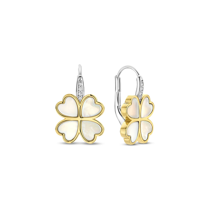 Ti Sento Yellow Gold Plated Mother of Pearl White and Cubic Zirconia Clover Drop Earrings 78005MW