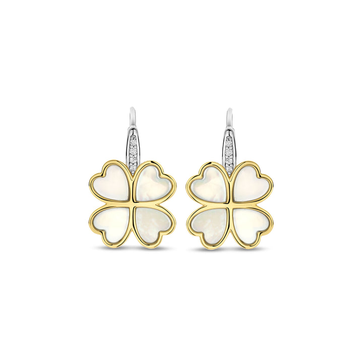 Ti Sento Yellow Gold Plated Mother of Pearl White and Cubic Zirconia Clover Drop Earrings 78005MW