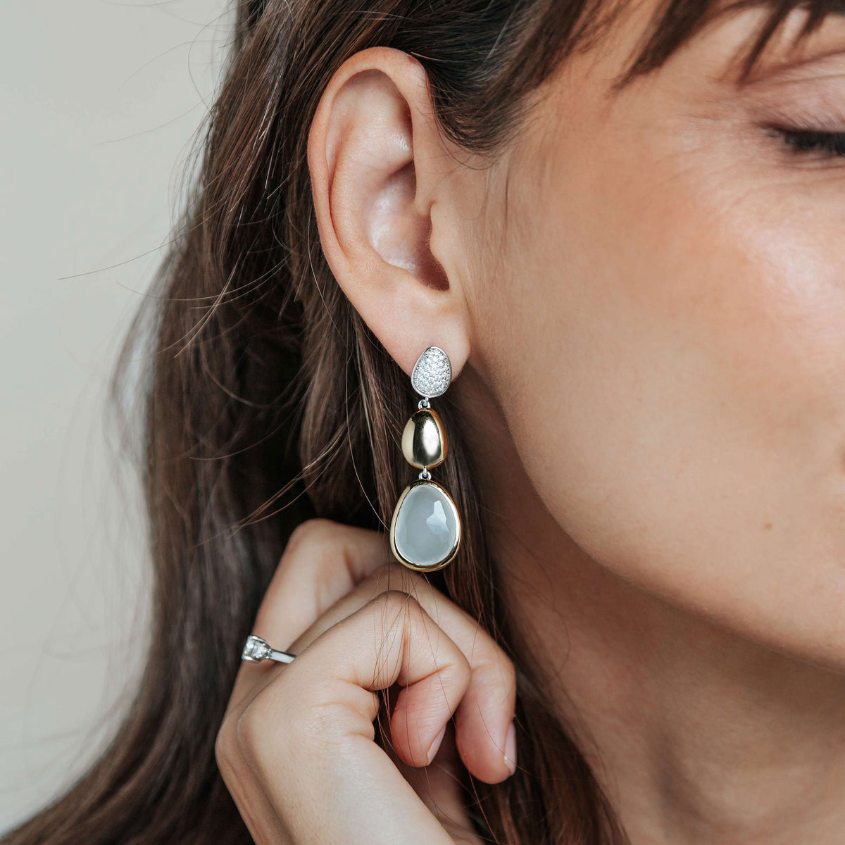 Ti Sento Yellow Gold Plated Cubic Zirconia and Milky White Crystal Pebble Drop Earrings 78028MW - Michael Jones Jeweller