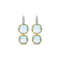 Ti Sento Yellow Gold Plated Light Blue Crystal and Cubic Zirconia Double Cushion Drop Earrings 78054TY